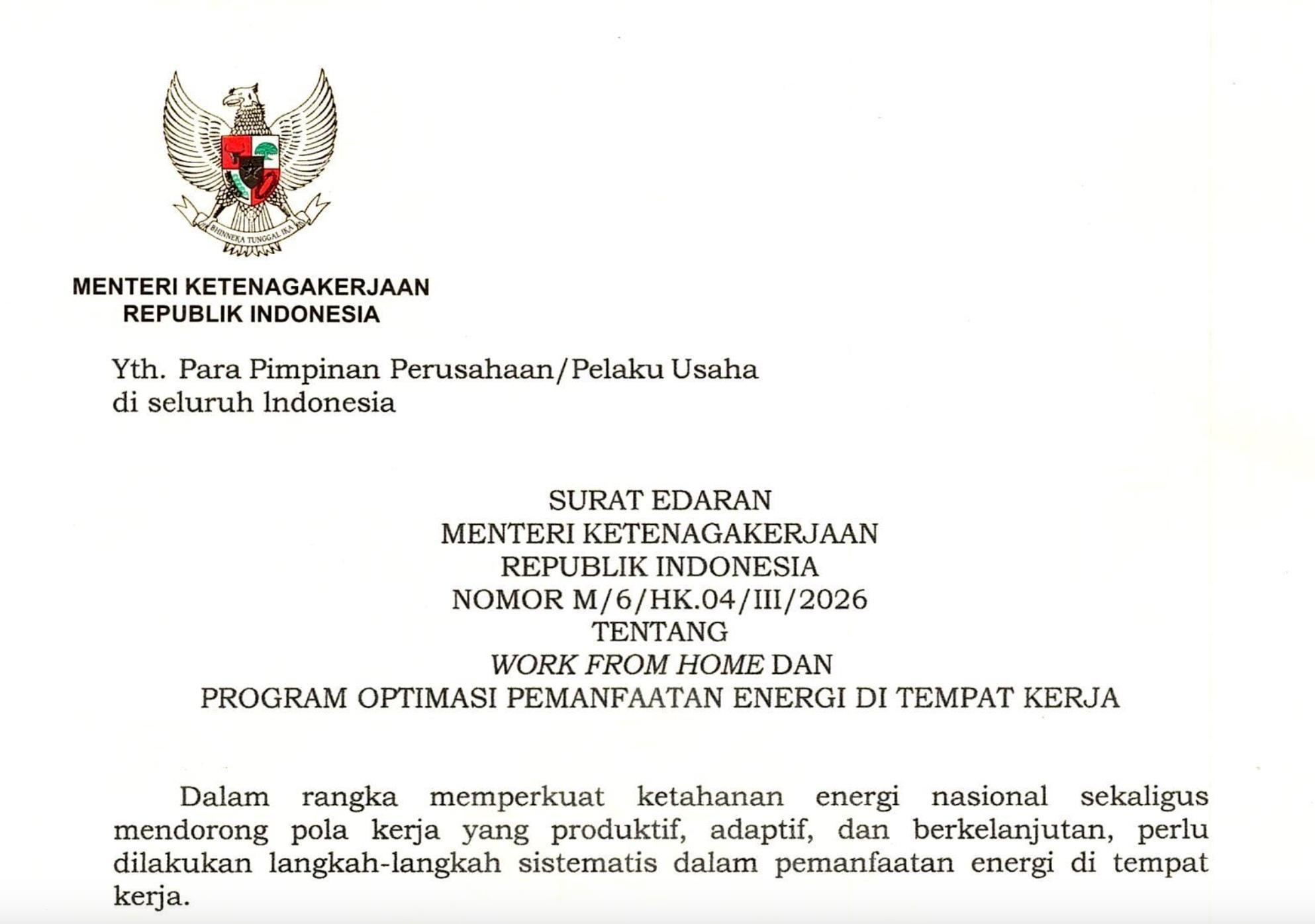 Menaker Terbitkan Aturan WFH Satu Hari Seminggu, Berlaku Mulai Maret 2026