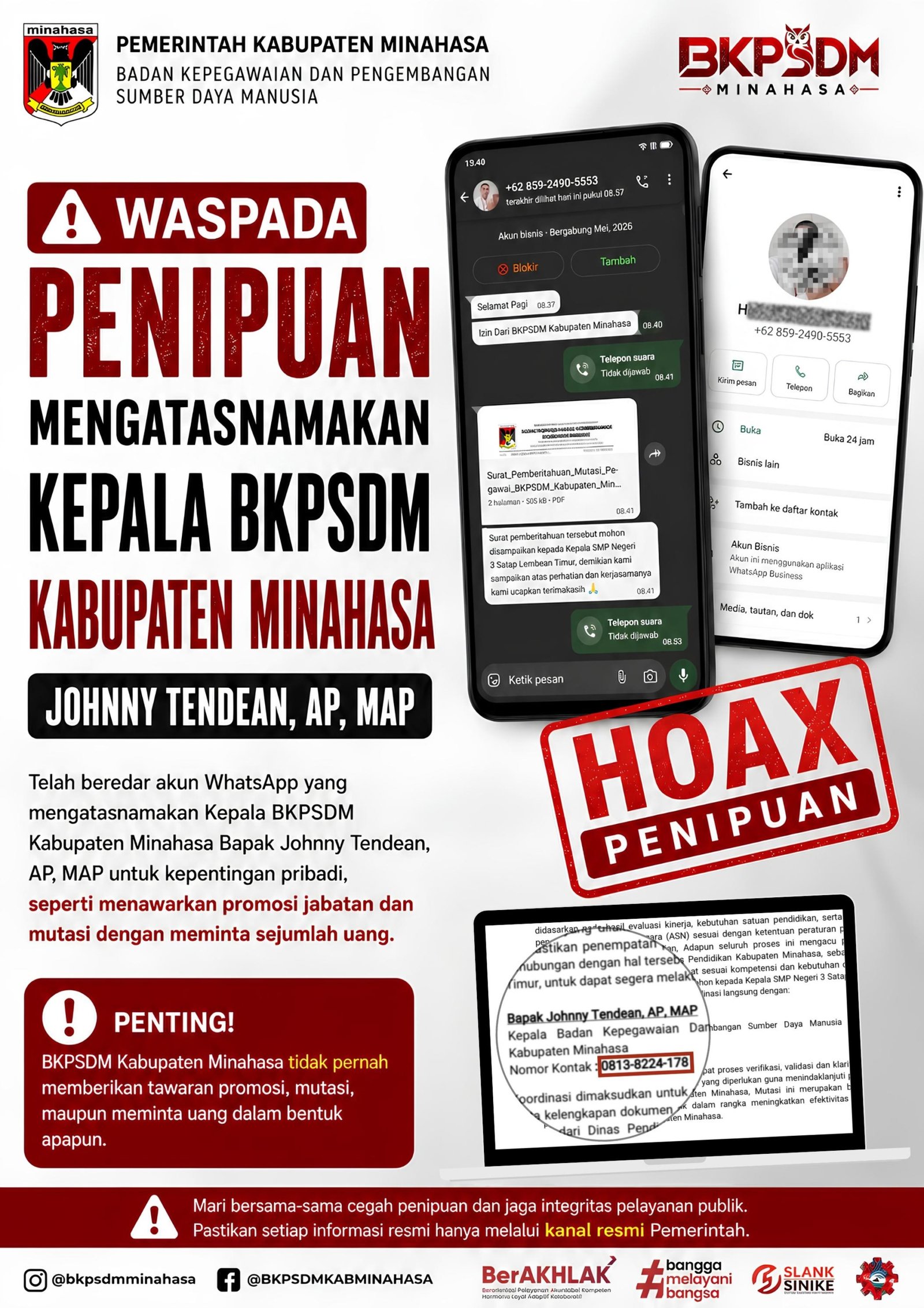 Waspada! Modus Penipuan Berkedok Promosi Jabatan Mengatasnamakan Kepala BKPSDM Minahasa